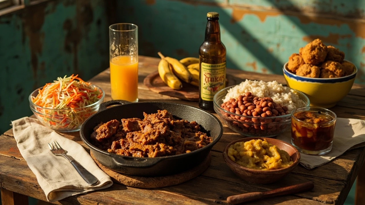 A spread of haitian food on a table, including griot, rice, and pikliz