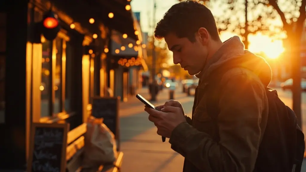 Person using a phone to find food near.me at a busy street corner