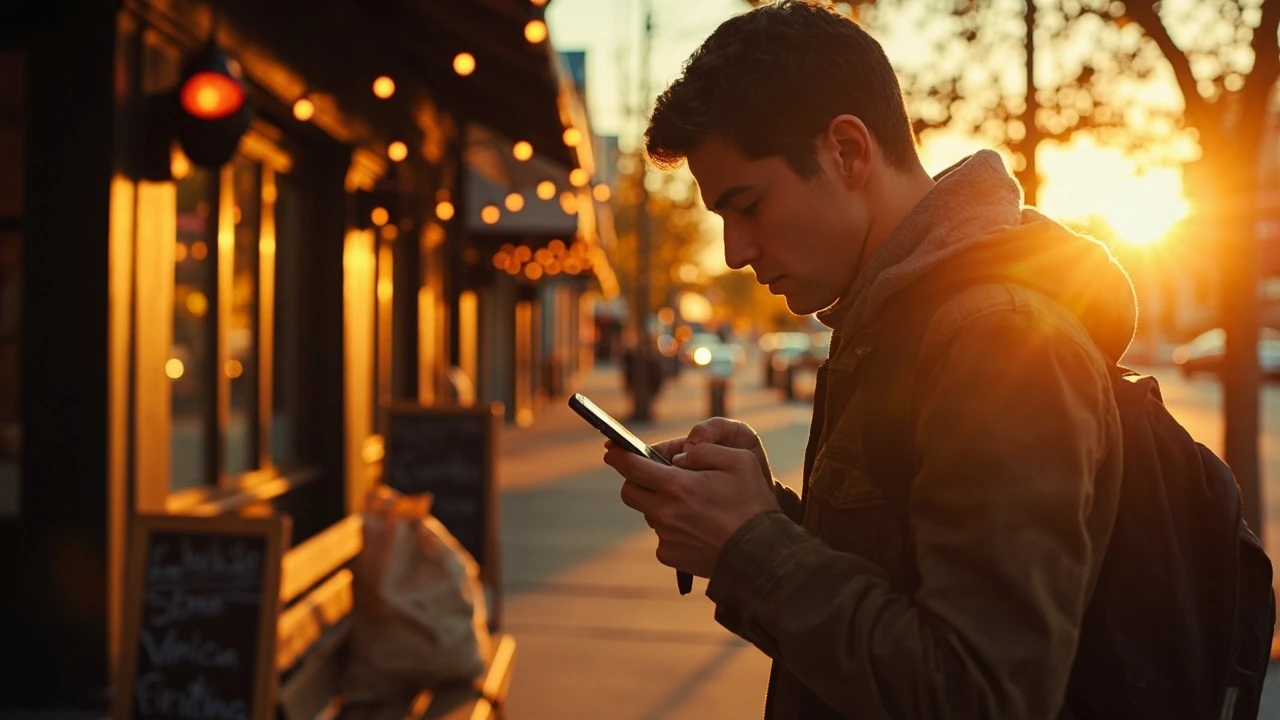 Person using a phone to find food near.me at a busy street corner
