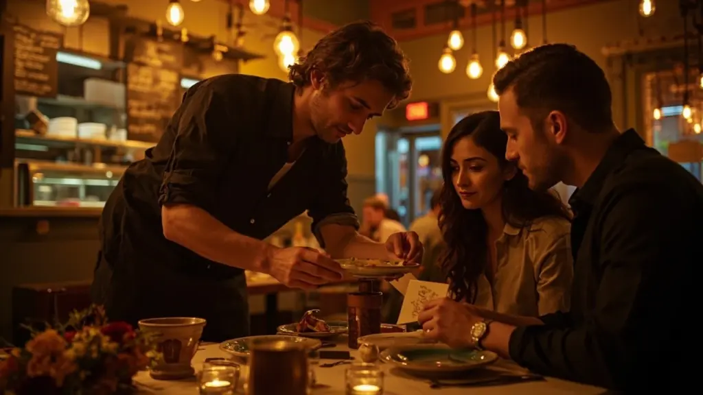 A restaurant server greeting a guest with a warm, personalized moment that illustrates unreasonable hospitality