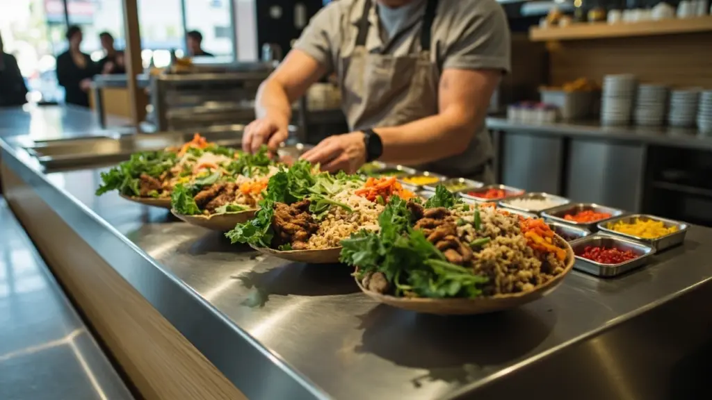 A counter at a healthy fast food restaurant with grain bowls and fresh ingredients