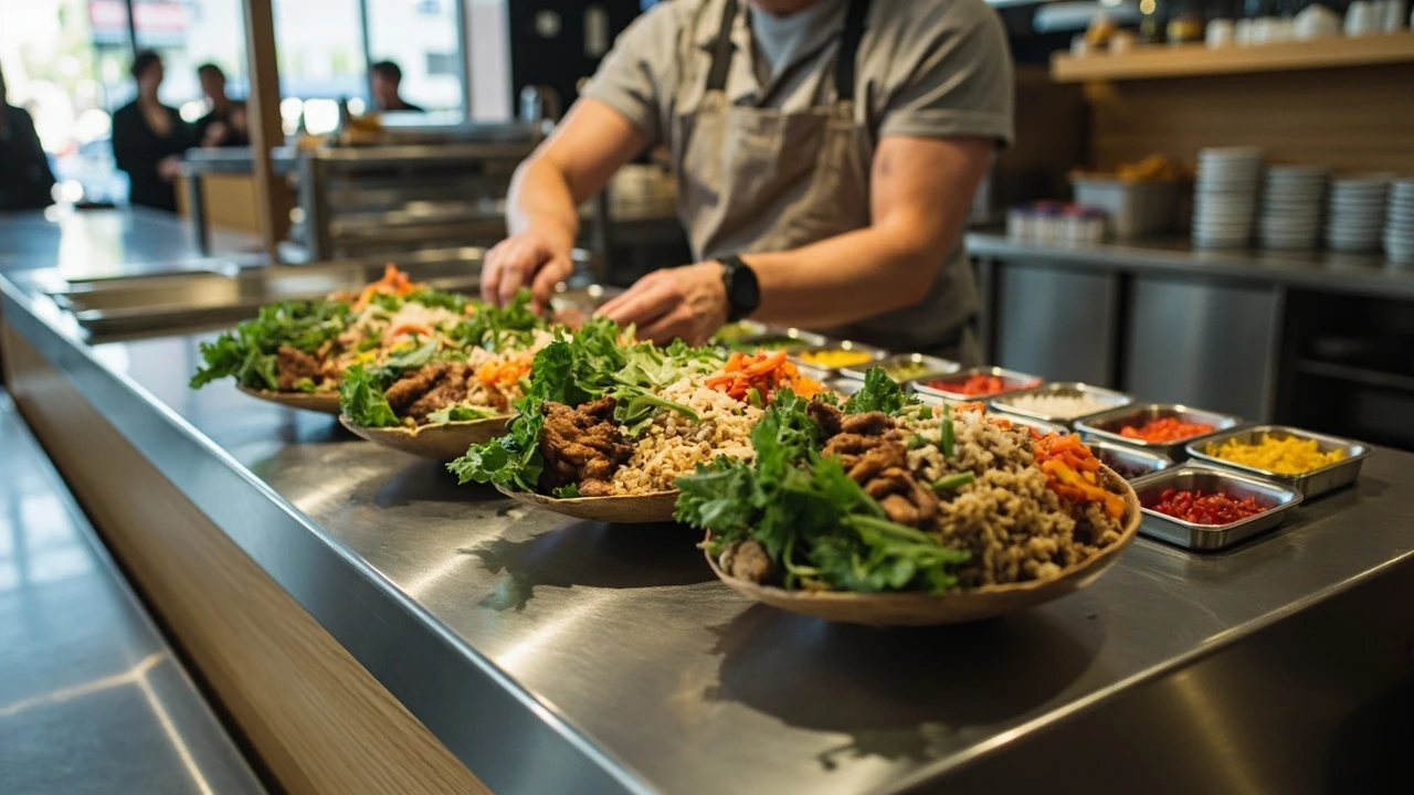 A counter at a healthy fast food restaurant with grain bowls and fresh ingredients