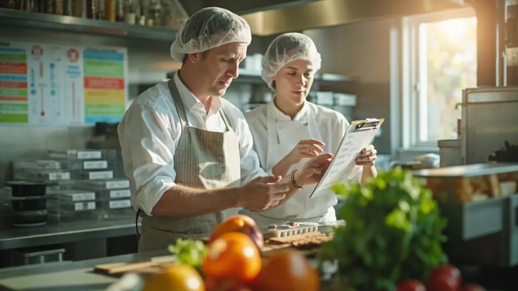 Food handler certification training at a restaurant counter with a worker reviewing a checklist