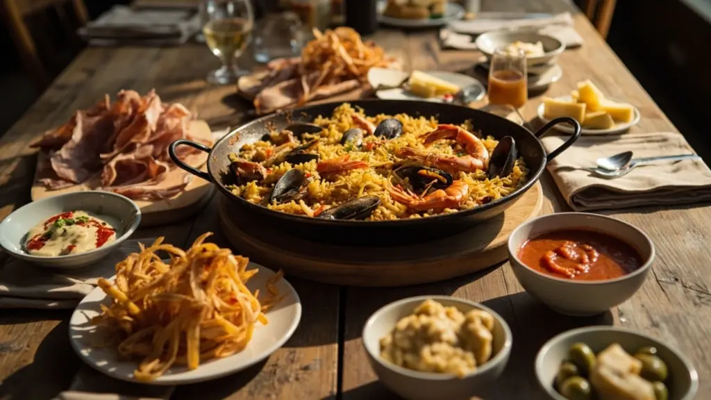 A spread of classic spanish food dishes on a rustic table