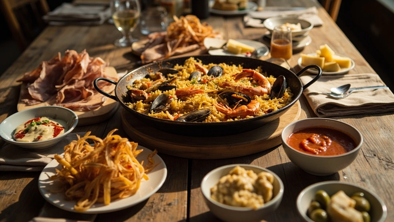 A spread of classic spanish food dishes on a rustic table