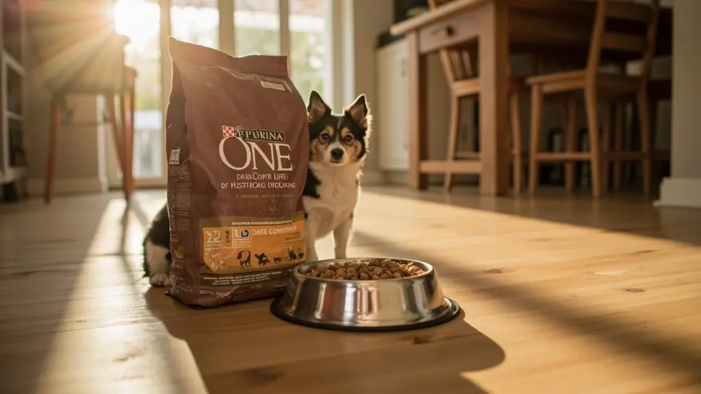 A bag of Purina One dog food next to a stainless steel bowl on a kitchen floor