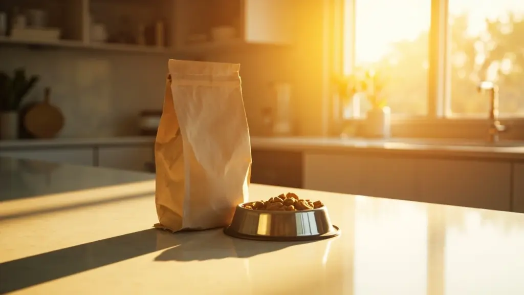 A bag of chewy dog food on a kitchen counter next to a stainless steel bowl