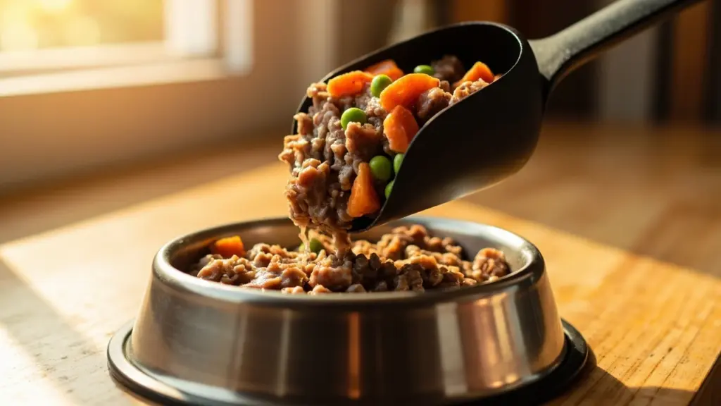 A scoop of fresh maev dog food over a stainless steel bowl on a kitchen counter
