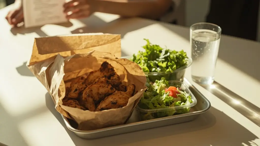 A drive-thru bag beside a grilled chicken bowl and a side salad, illustrating the healthiest fast food choices