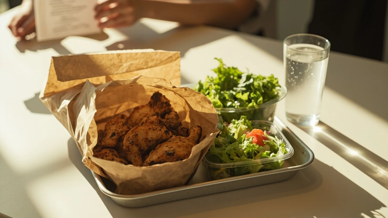 A drive-thru bag beside a grilled chicken bowl and a side salad, illustrating the healthiest fast food choices