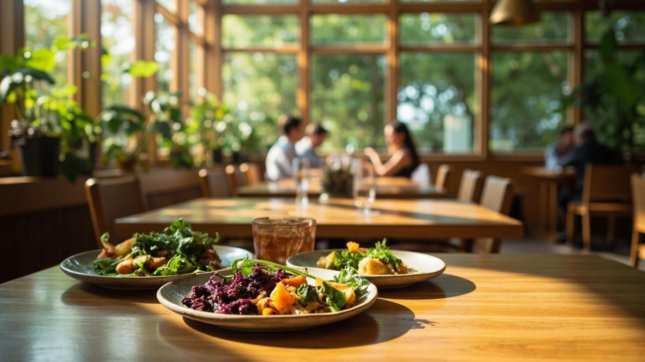 Dining room inside a vegan restaurant with plated plant-based dishes