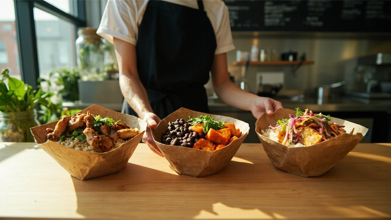 A counter displaying healthy fast food options in compostable bowls