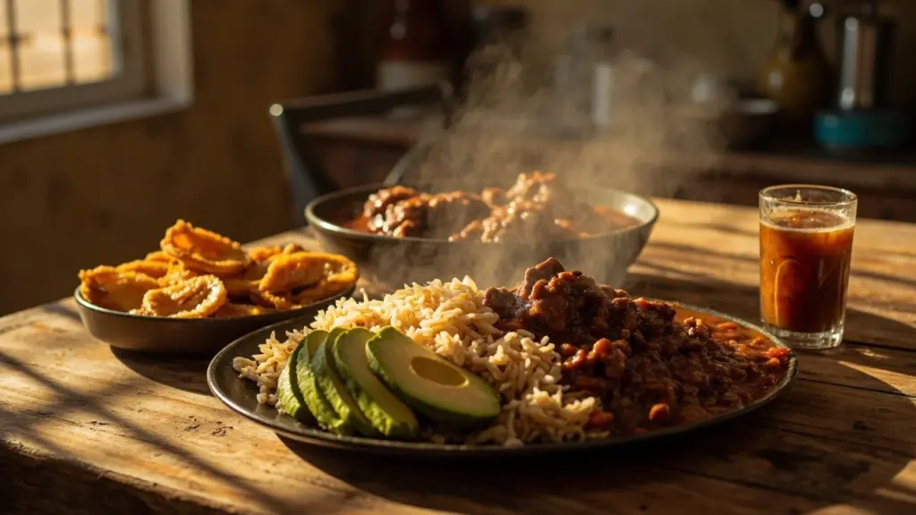 A spread of classic Dominican food served family-style