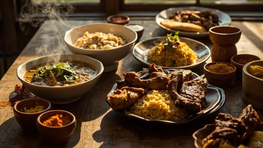 A spread of traditional nigerian food served on a table