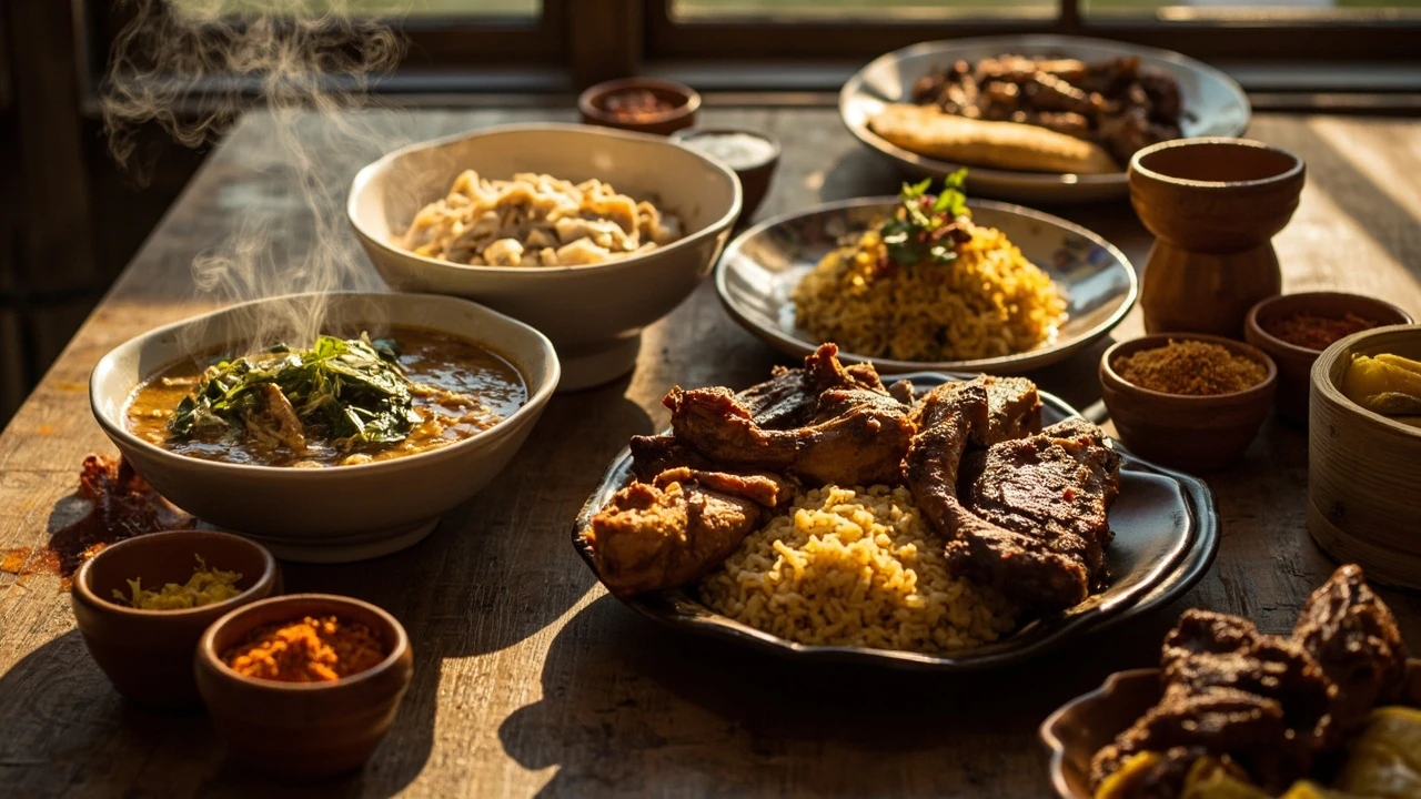 A spread of traditional nigerian food served on a table