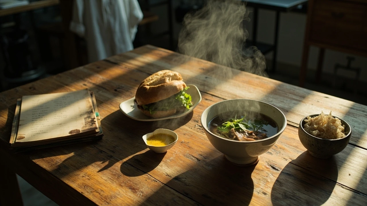 Editor reviewing a spread of the best Vietnam food for a menu