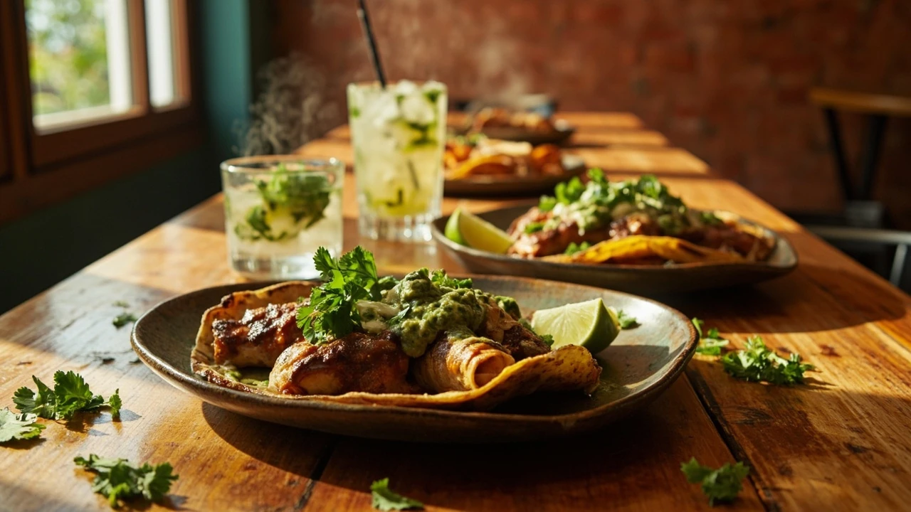 A table of mexican restaurants with tacos, salsa, and fresh herbs