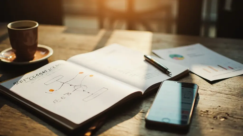 Vector marketing diagram on a table beside a small food brand notebook