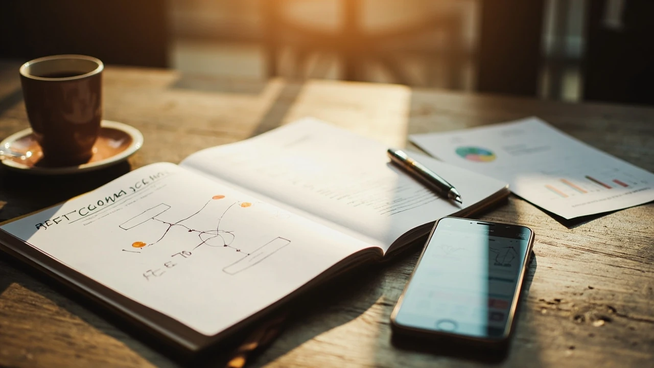 Vector marketing diagram on a table beside a small food brand notebook