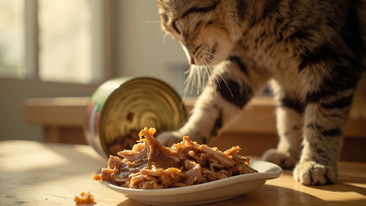 Bowl of fancy feast cat food on a kitchen counter