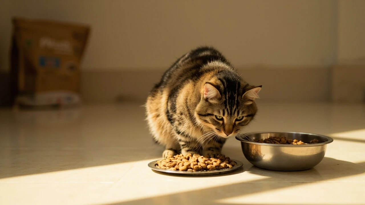 Bowl of Purina cat food on a kitchen floor next to a tabby cat