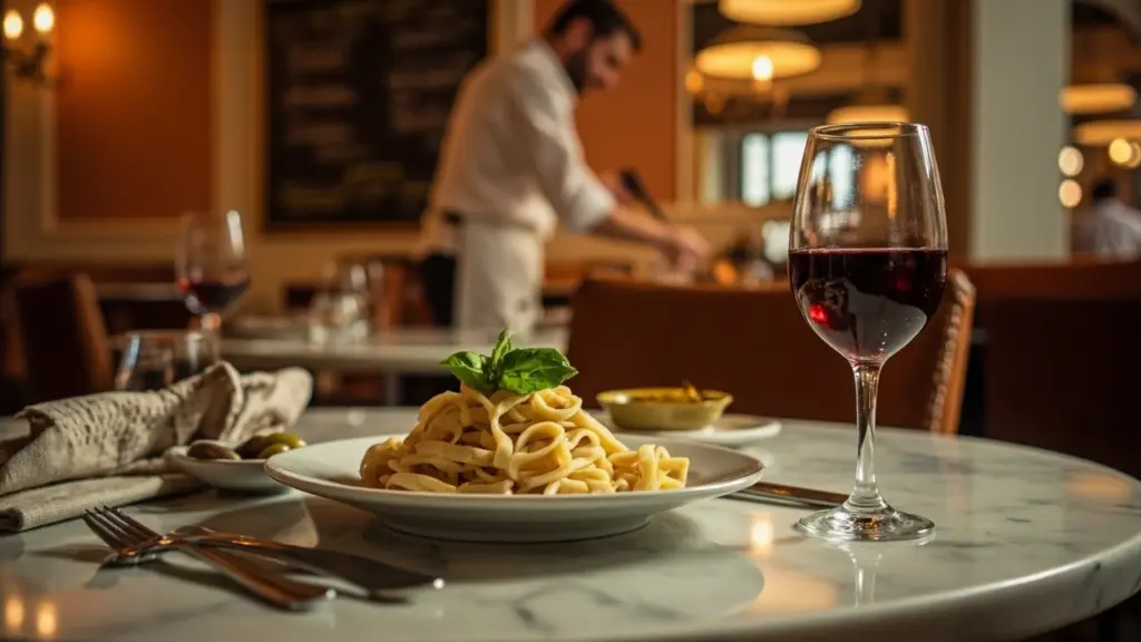 Dining room of an italian restaurant with a chef finishing a pasta dish