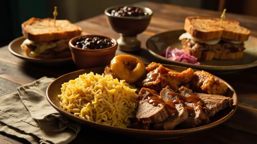 A spread of cuban food featuring rice, black beans, roasted pork, and plantains on a rustic table