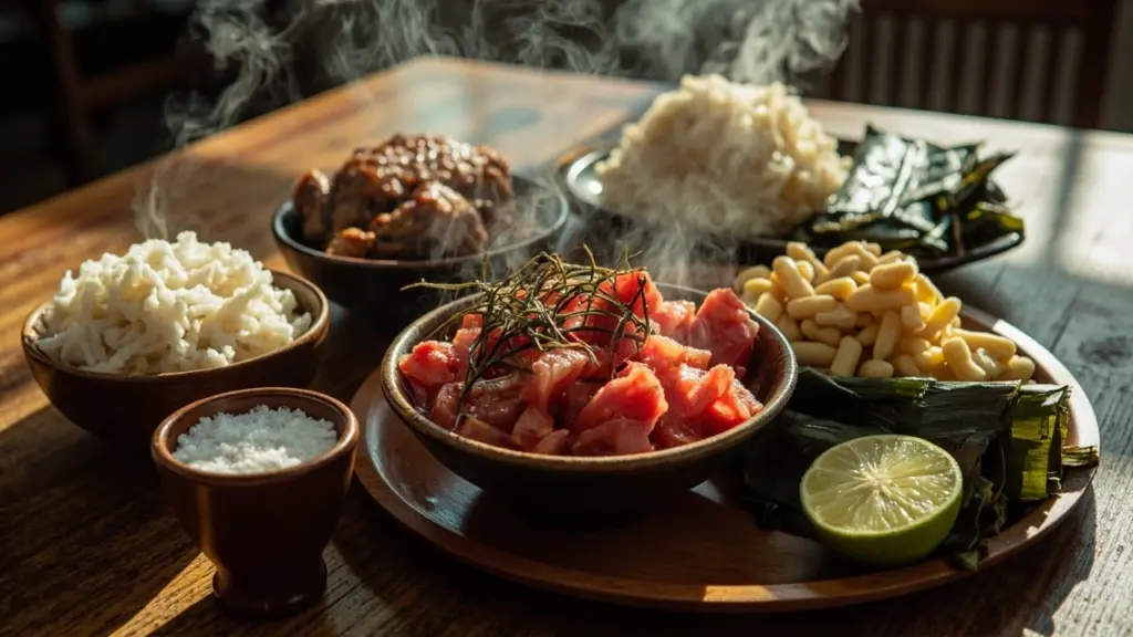 A spread of hawaiian food including poke, kalua pork and poi on a wooden table
