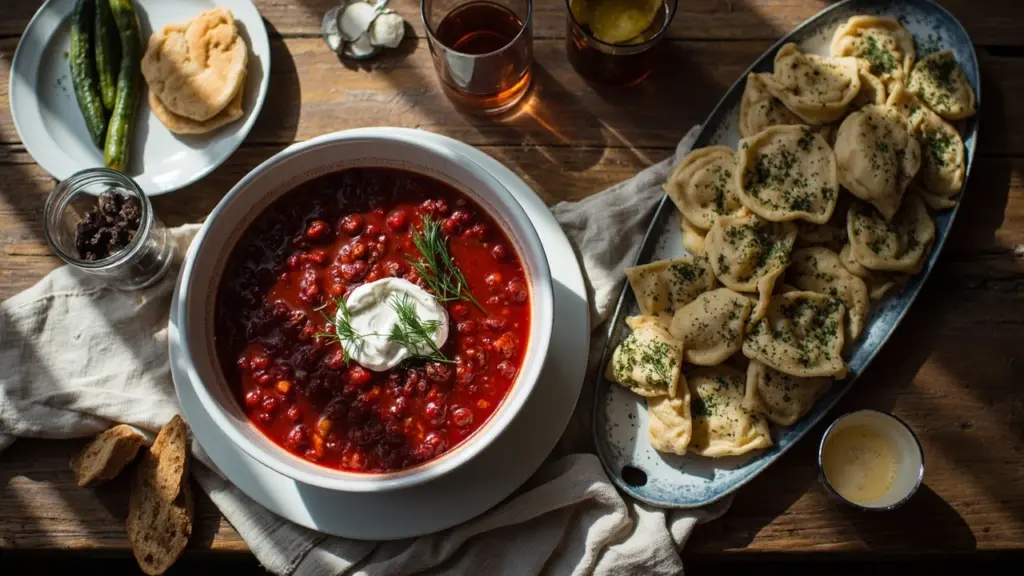 A spread of classic russian food on a wooden table