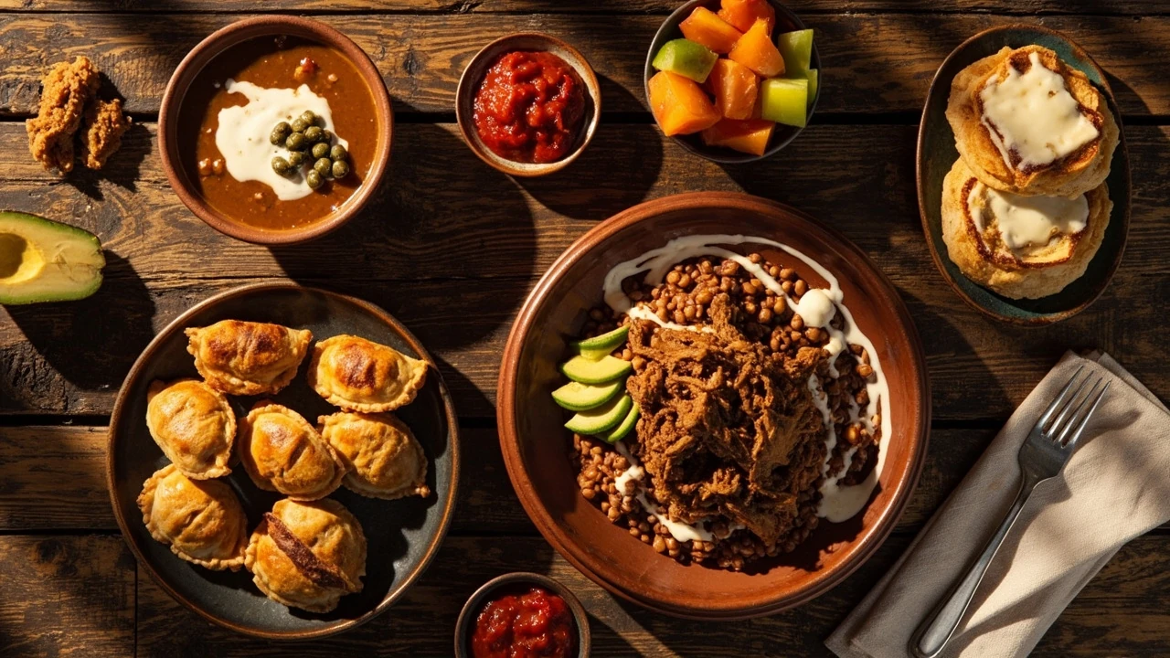 A spread of Colombian food including bandeja paisa, ajiaco, and arepas on a wooden table