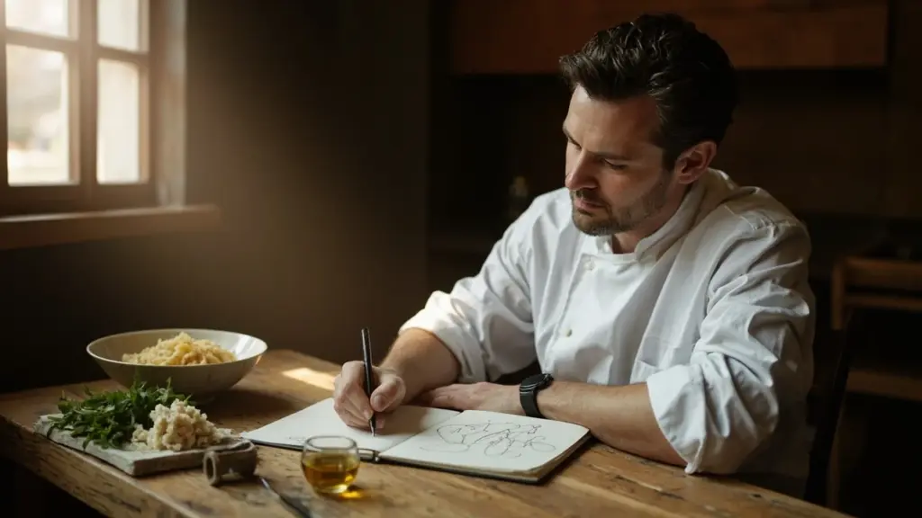 A restaurant owner sketching a food drawing of a plated dish on paper at a wooden table