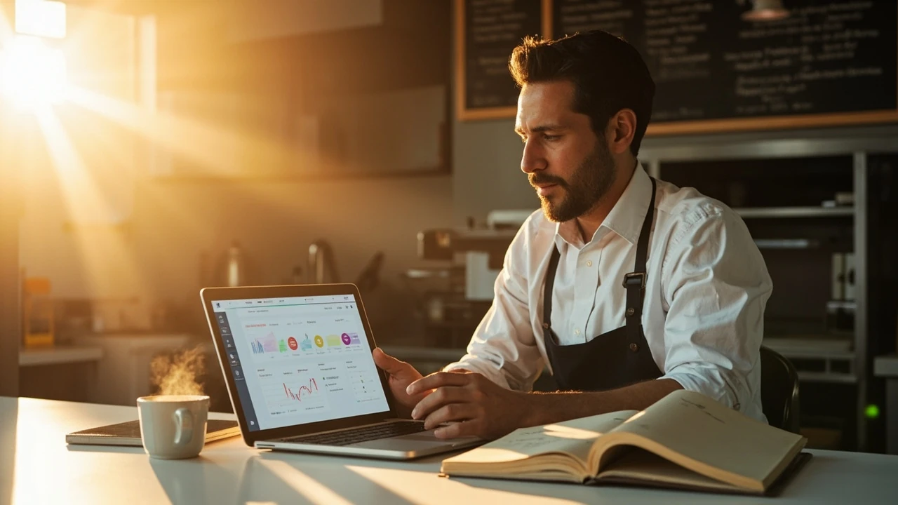 Founder reviewing growth navigate startup tools on a laptop in a working kitchen office.