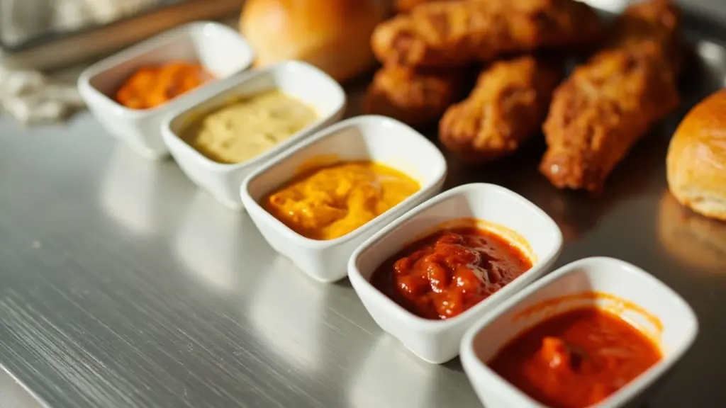 Assortment of Costco fast food sauces in bowls on a stainless counter