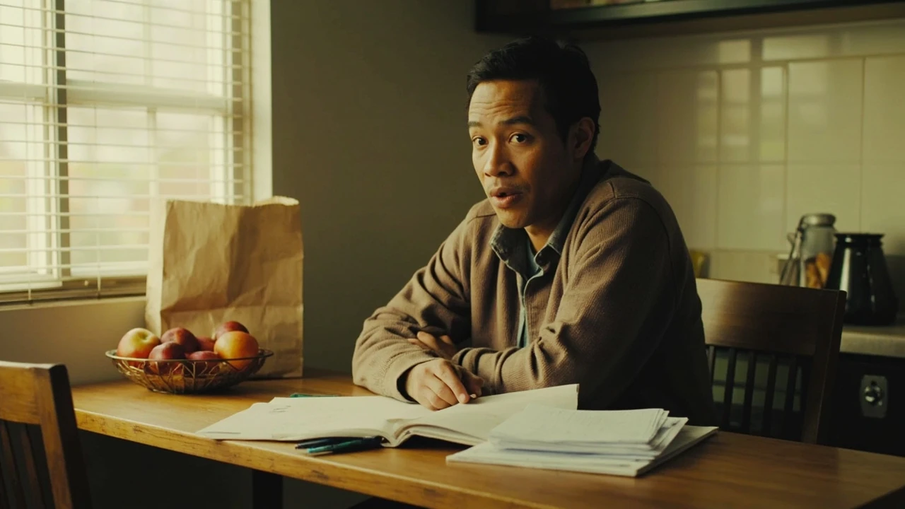 A person at a kitchen table preparing paperwork to apply for food stamps