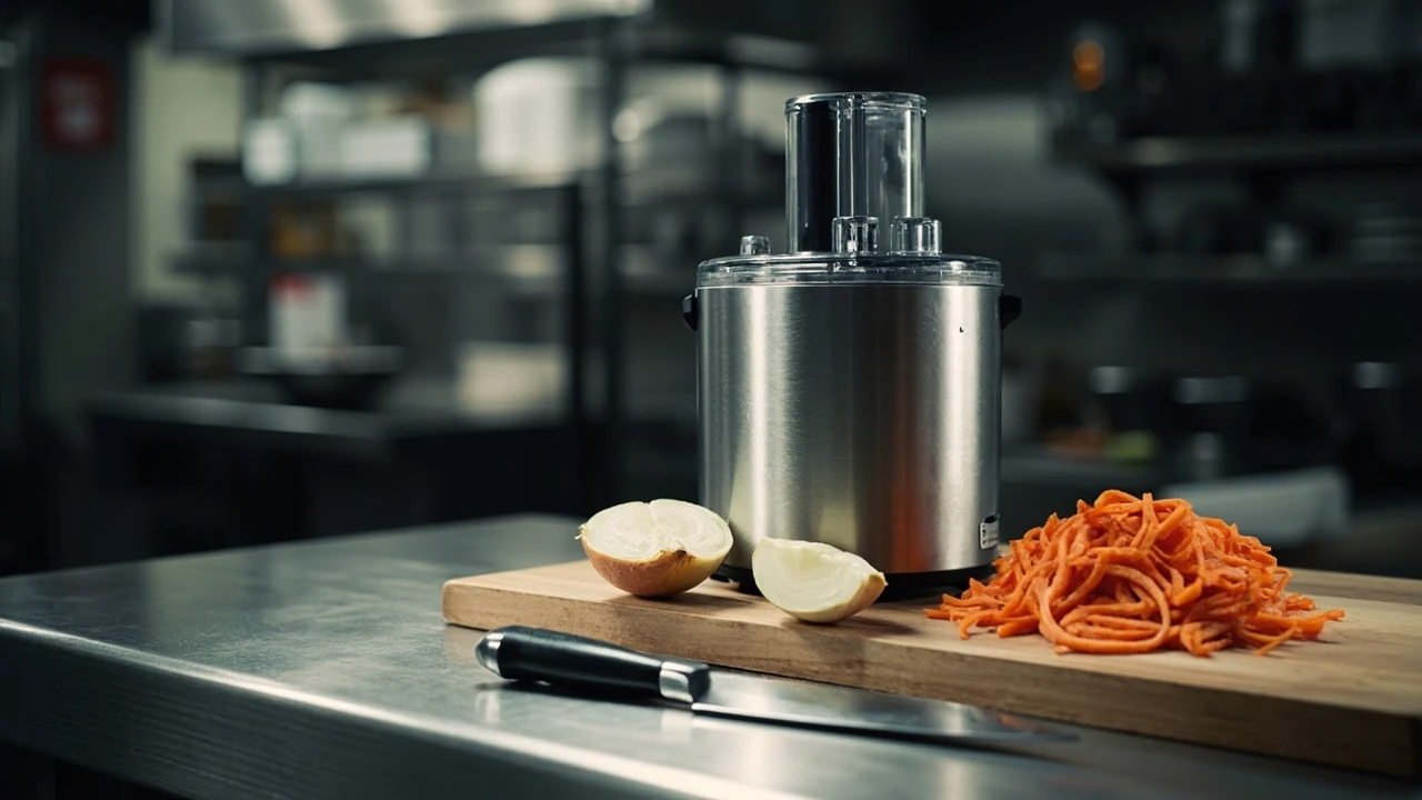 A Cuisinart food processor on a stainless steel prep counter with vegetables nearby