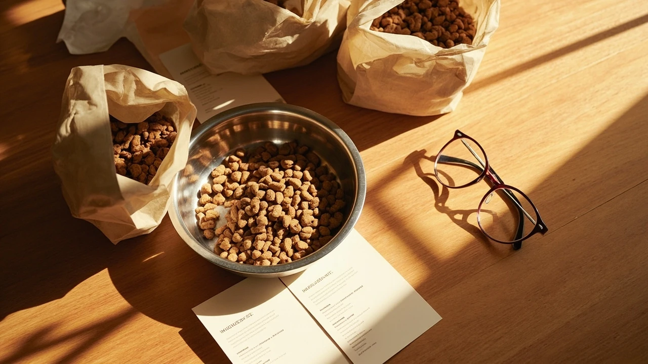 Comparison of dog food brands laid out on a kitchen counter