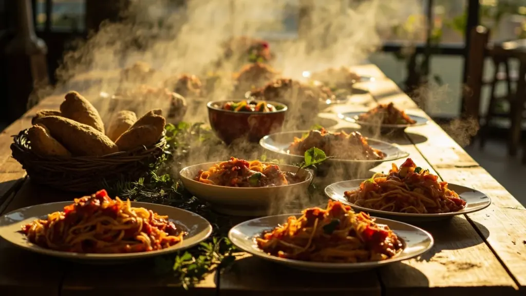 Olive garden catering spread on a long family table