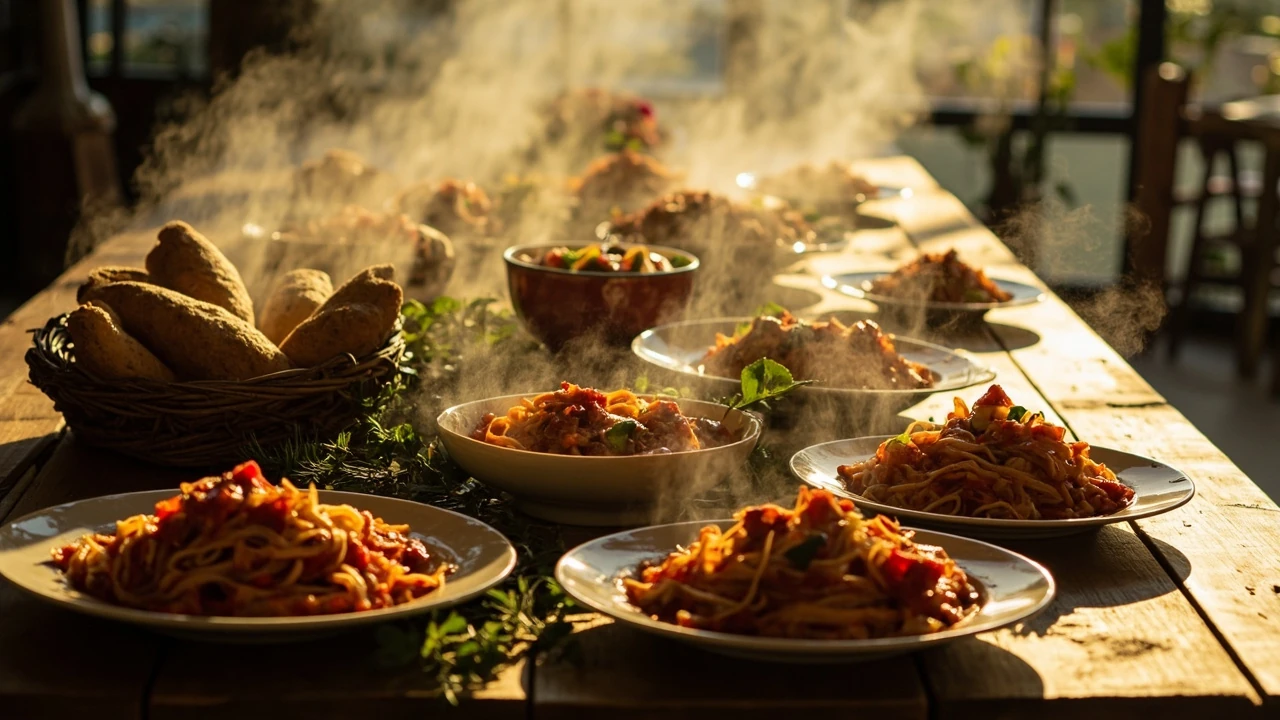 Olive garden catering spread on a long family table