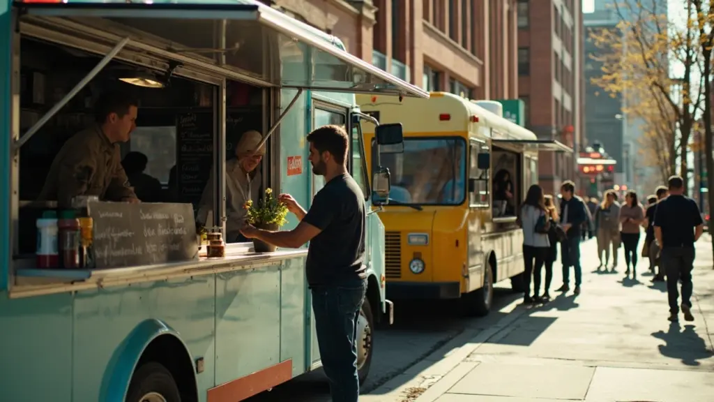 Food trucks lined up at a busy lunch service