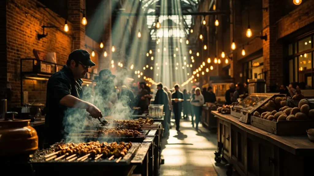 A busy indoor food bazaar with vendor stalls, steam from grills, and visitors sampling dishes