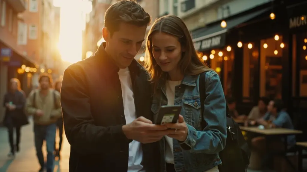 Two diners scanning a phone map to find nearby restaurants on a city street