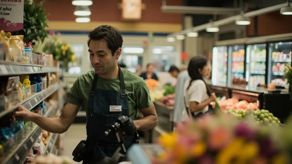 Editorial photo showing a Food Lion careers workplace scene with a worker in a green apron stocking shelves
