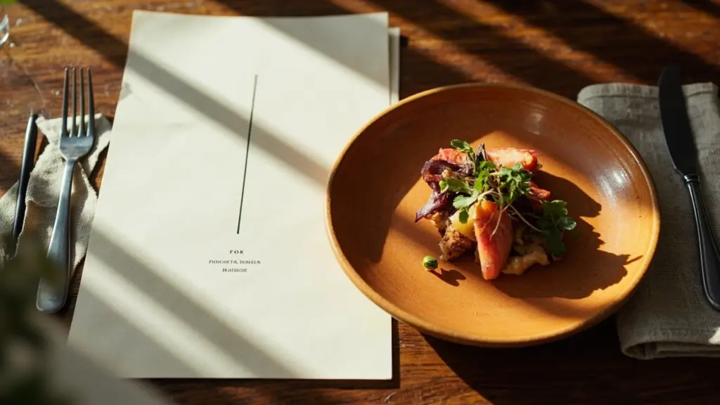 Restaurant menu description template for high margin dishes shown beside a plated signature plate