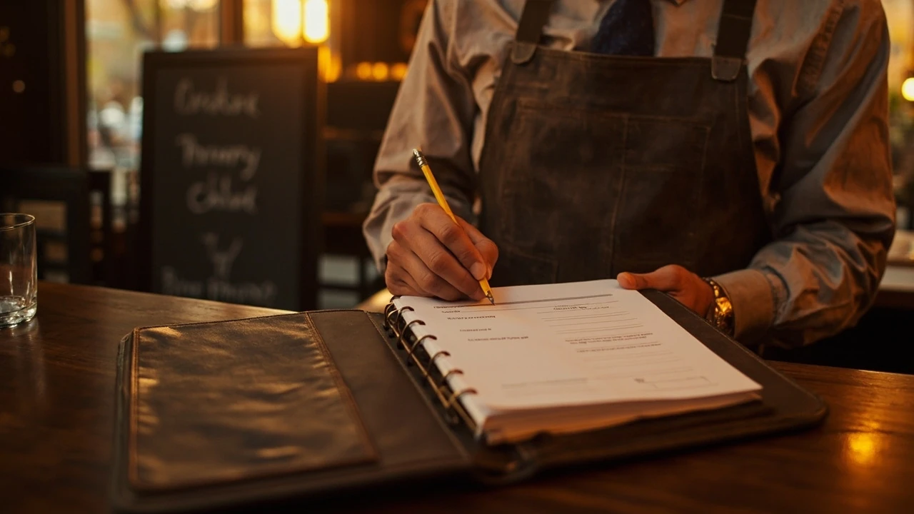 A restaurant manager reviewing a paper guest list and printed receipts to track repeat customers without an app