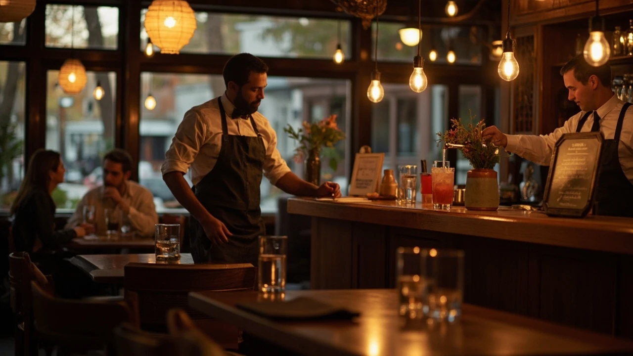 Server greeting regulars on a quiet weekday at a small restaurant