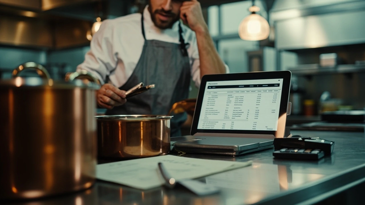 Restaurant chef reviewing menu item contribution margin on a tablet in the kitchen