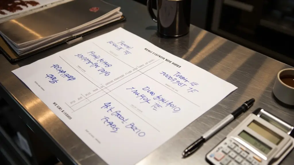 Printed restaurant menu engineering worksheet on a prep table beside a pen and a small calculator