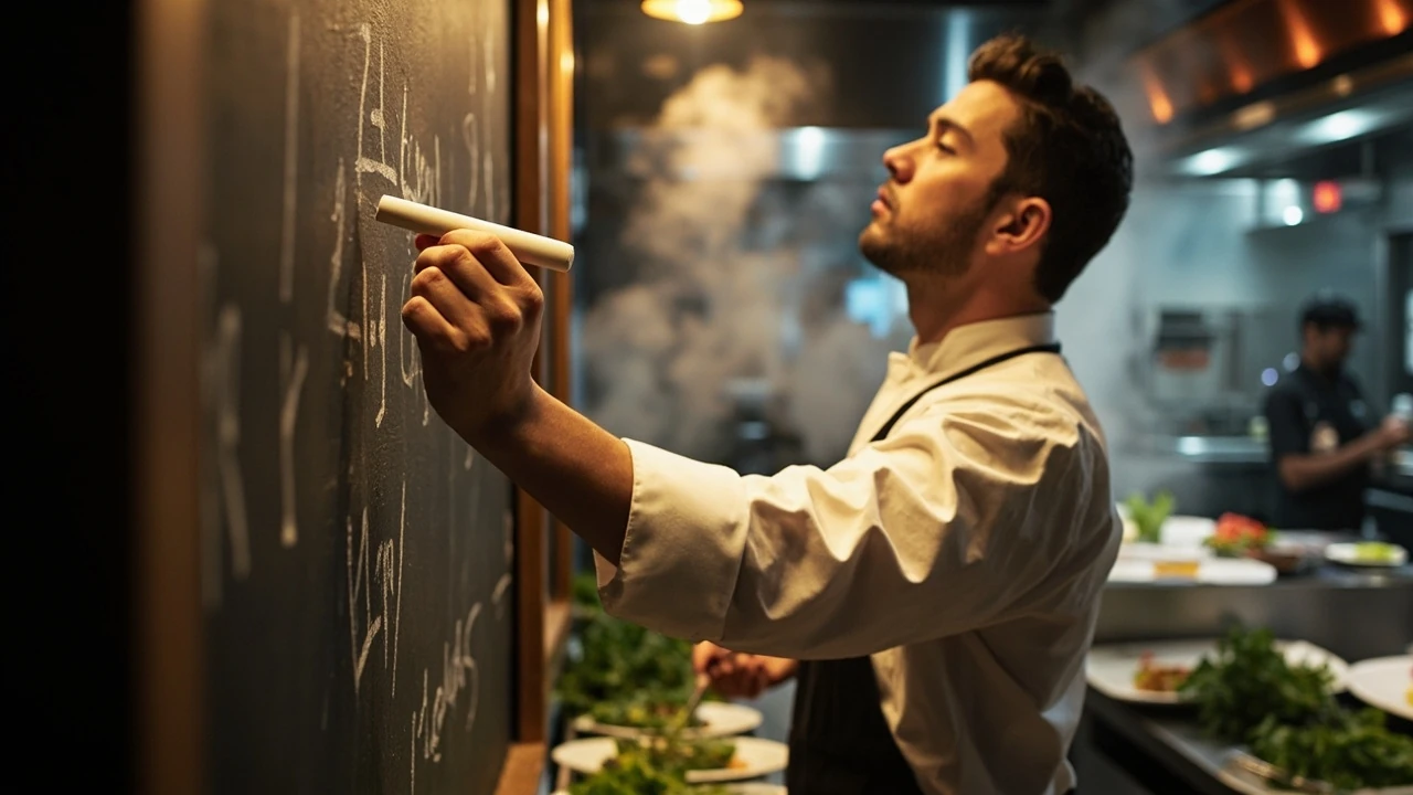 A chef writing a daily special description on a chalkboard in a busy restaurant kitchen