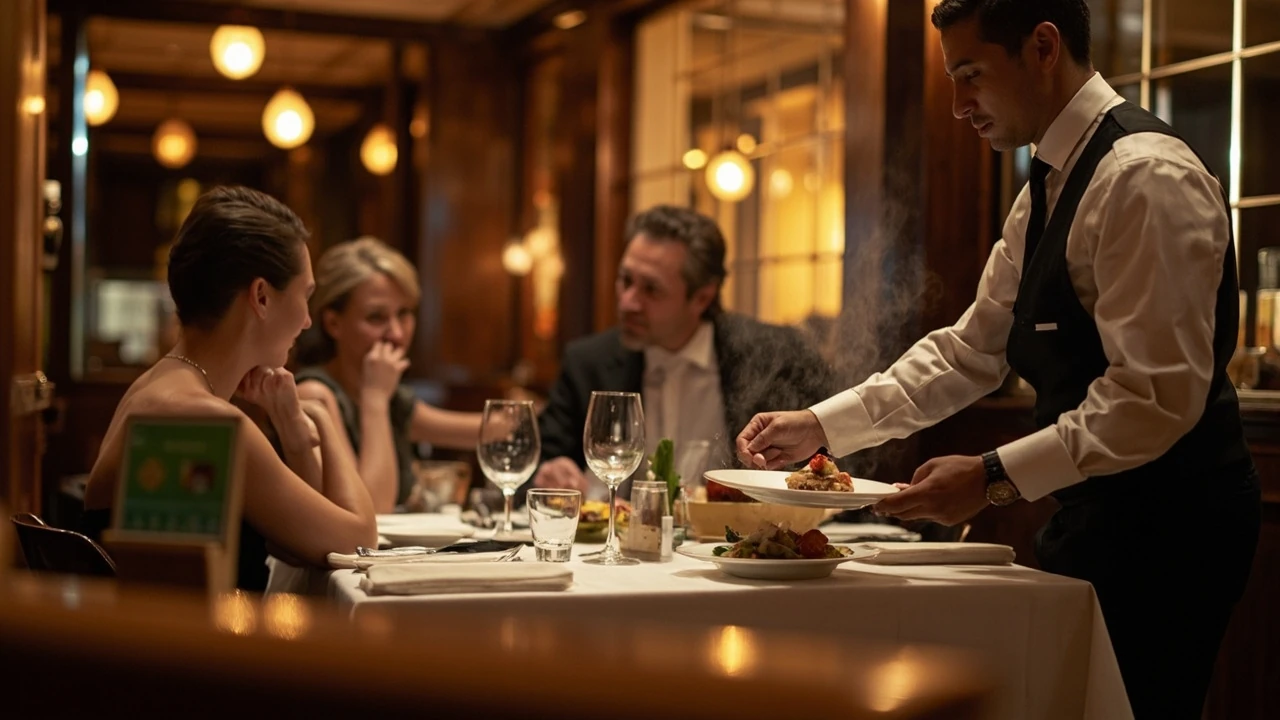 Restaurant table turn time without rushing guests, showing a calm server pacing a course in a busy dining room