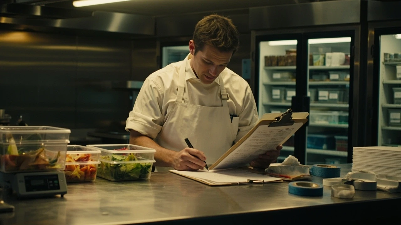 Cook writing a simple restaurant prep list system for small kitchens on a clipboard
